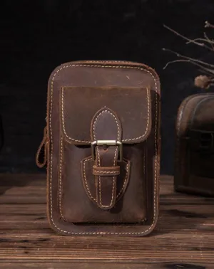 Brown LEATHER MEN'S Phone Holster Small Belt Pouch Mini Waist Bag Vertical Phone Holster FOR MEN Dark Brown