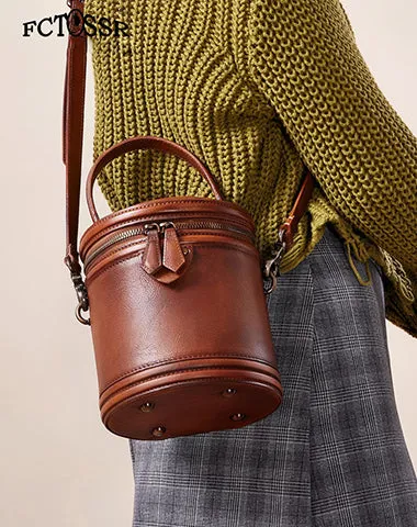 Brown Leather Womens Bucket Handbag Barrel Shoulder Bag Crossbody Purse for Ladies cheap online