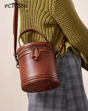 Brown Leather Womens Bucket Handbag Barrel Shoulder Bag Crossbody Purse for Ladies cheap online