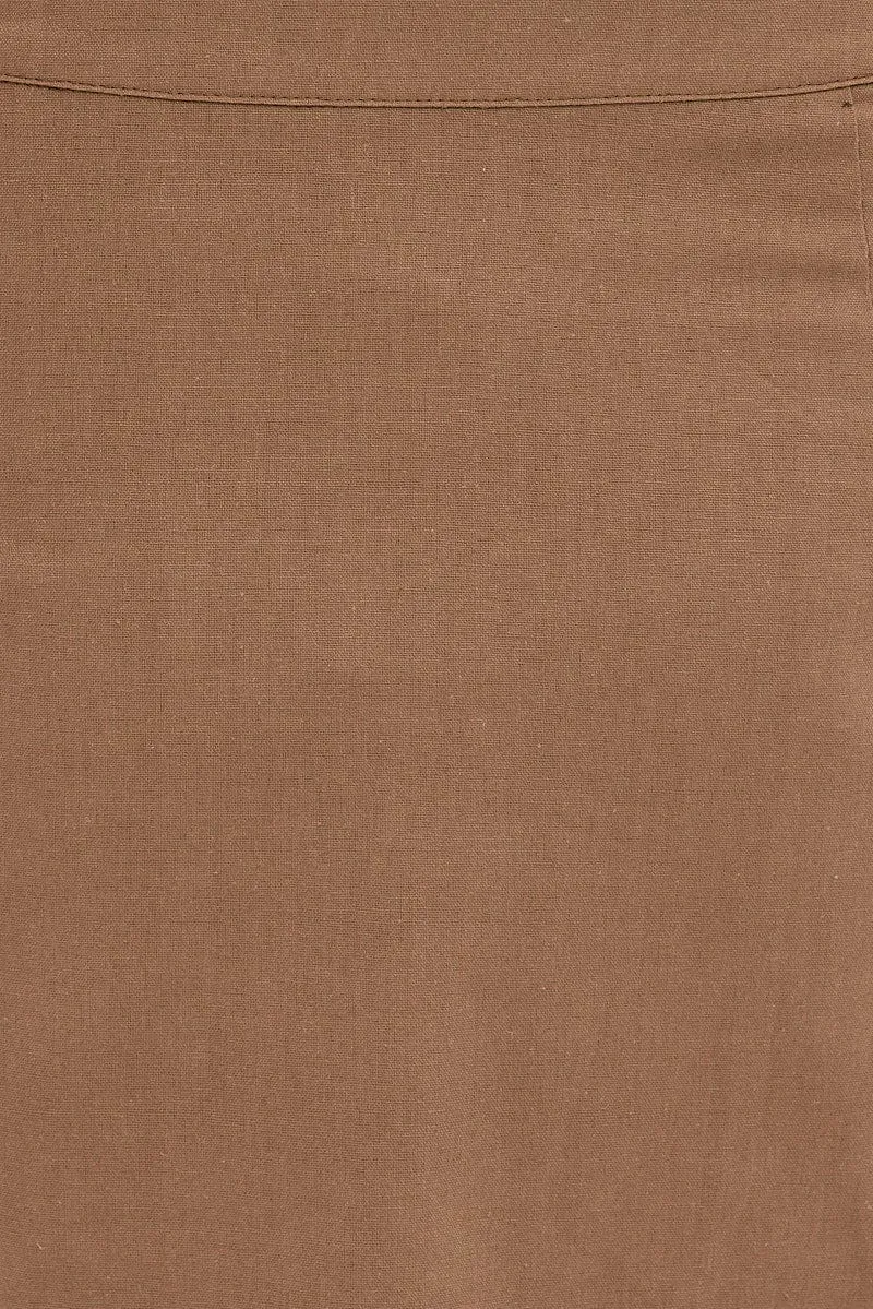 Brown Linen Blend Button Front Mini Skirt