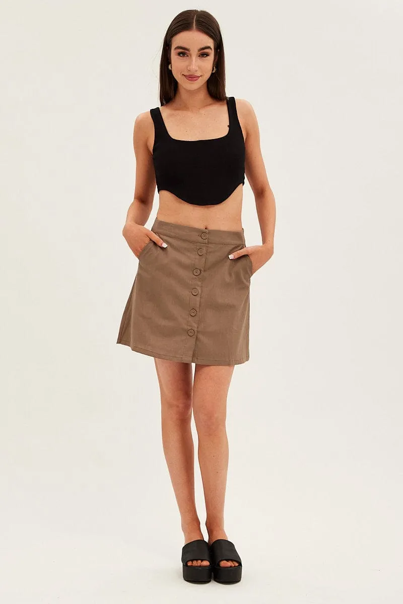 Brown Linen Blend Button Front Mini Skirt