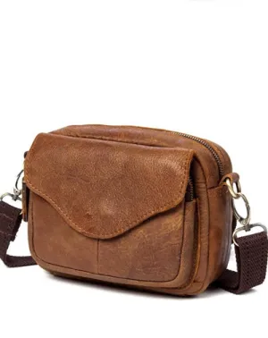 Brown Mens Leather Belt Pouch Small Messenger Bag Waist Bag Belt Bag for Men Camel