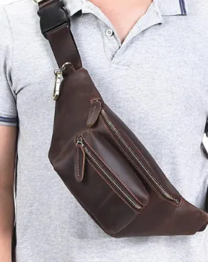 Brown MENS LEATHER FANNY PACK BUMBAG Hip Pack Brown Leather WAIST BAGS for Men Brown