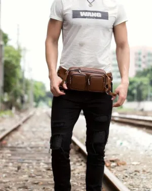 Brown Mens Leather Fanny Pack Cool Waist Bag Hip Pack Black Belt Bag Bumbag for Men Black