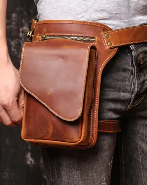 Brown MENS LEATHER FANNY PACK FOR MEN Coffee Drop Leg Bag BUMBAG WAIST BAGS Brown