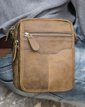 Brown Mens Leather Small Belt Pouch Mens Waist Bag Side Bag Mini Messenger Bag Phone Bag for Men Brown