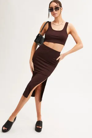 Brown Midi Skirt Front Split Jersey,skirt,denim skirt,mini skirt,maxi skirt,jean skirt,skort,tennis skirt,pleated skirt,pencil skirt,bubble skirt,plisse skirt,fitted skirt,midi skirt,short skirt,short mini skirt,leather skirt,a line skirt,Split skirt