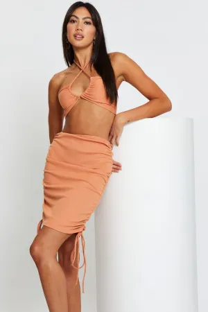 Brown Ribbed Ruched Drawstring Skirt,skirt,denim skirt,mini skirt,maxi skirt,jean skirt,skort,tennis skirt,pleated skirt,pencil skirt,bubble skirt,plisse skirt,fitted skirt,midi skirt,short skirt,short mini skirt,leather skirt,a line skirt,Split skirt