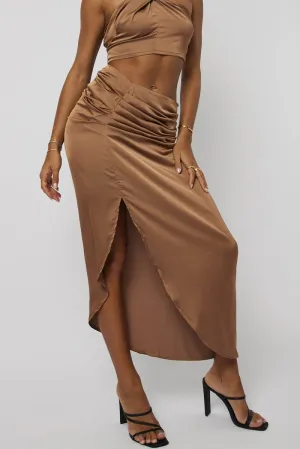 Brown Ruched Maxi Skirt Draped Satin Skirt,skirt,denim skirt,mini skirt,maxi skirt,jean skirt,skort,tennis skirt,pleated skirt,pencil skirt,bubble skirt,plisse skirt,fitted skirt,midi skirt,short skirt,short mini skirt,leather skirt,a line skirt,Split skir