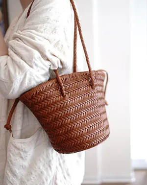 Brown Womens Braided Leather Bucket Purse Womens Braided Shoulder Bag for Ladies cheap online