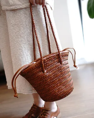 Brown Womens Braided Leather Shoulder Bag Womens Braided Bucket Purse for Ladies cheap online