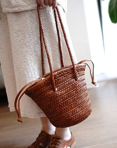 Brown Womens Braided Leather Shoulder Bag Womens Braided Bucket Purse for Ladies cheap online