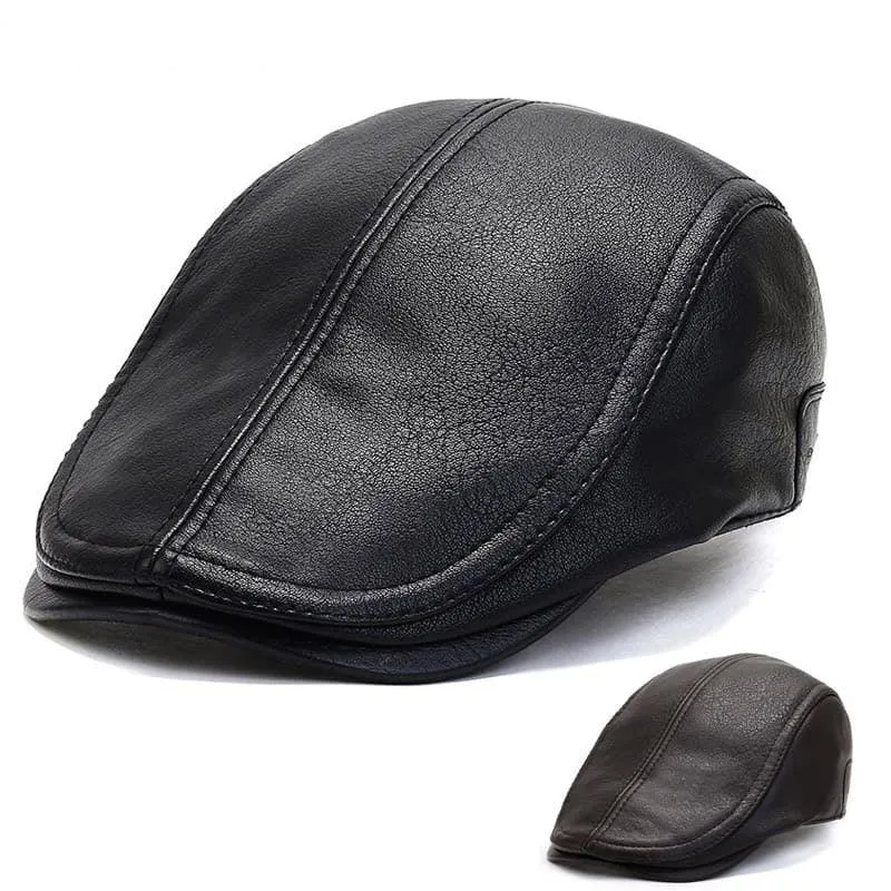 Bruk Vintage Leather Flat Cap stylish boater hat with ribbon on model