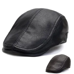 Bruk Vintage Leather Flat Cap stylish boater hat with ribbon on model