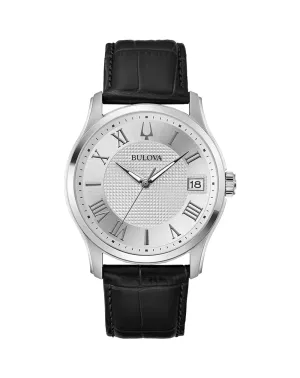 Bulova Elegant Wilton Men's Timepiece with Silver Dial and Black Leather Strap 96B388 