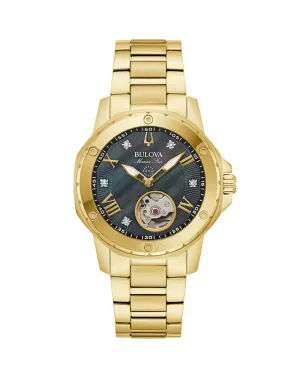 Bulova Marine Star Gold Tone Stainless Steel Automatic Watch Black Dial 97P171 