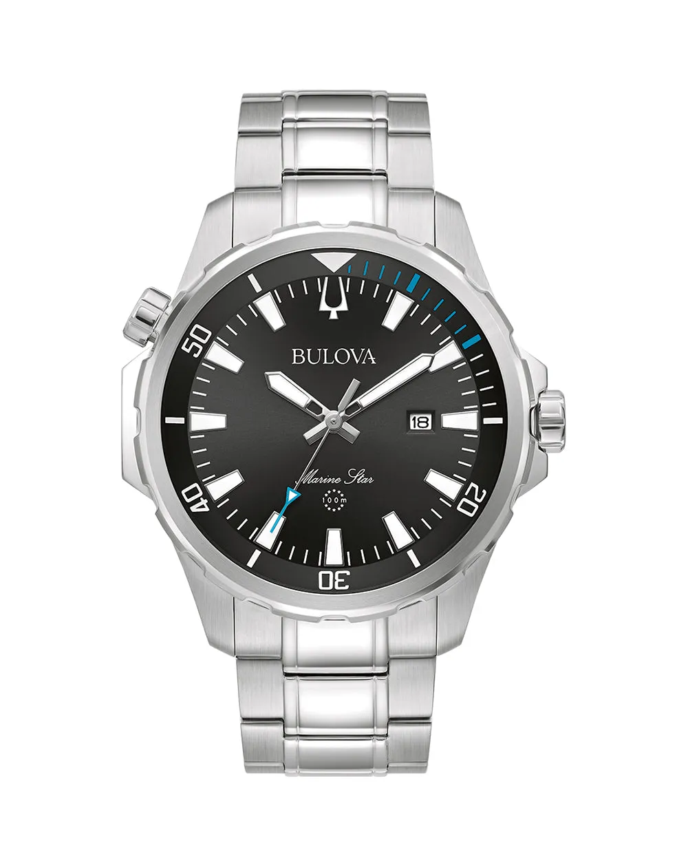 Bulova Marine Star Mens Stainless Steel Watch with Black Dial and Calendar 96B382 