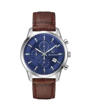 Bulova Timeless Elegance Blue Dial Brown Leather Strap Watch Model 96B402 