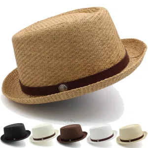 Buster Straw Porkpie Hat stylish boater hat with ribbon on model