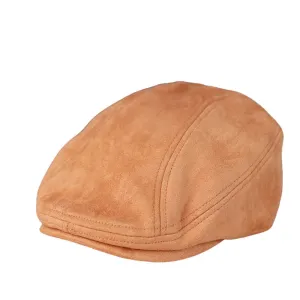 Cabbie Winter Suede Flat Cap boater hat with bow in beach sunlight