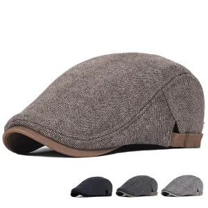 Cambridge Herringbone Wool Flat Cap stylish boater hat with ribbon on model
