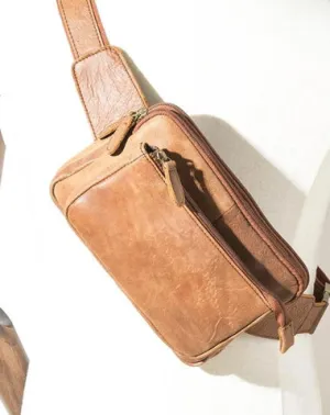 Camel Leather Mens Fanny Pack Waist Bag Chest Bag Hip Pack One Shoulder Backpack for Men Brown