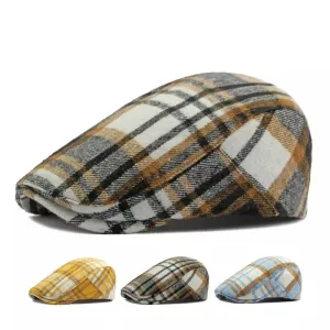 Camus Tartan Flat Cap boater hat with bow in beach sunlight