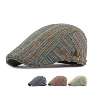 Canterbury Vintage Striped Flat Cap boater hat with bow in beach sunlight