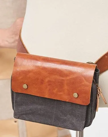 Canvas Leather Mens Belt Pouch Waist Bag Fanny Pack Small Side Bag for Men Gray