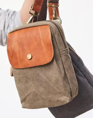 Canvas Leather Mens Belt Pouch Waist Bag Small Side Bag for Men Gray