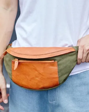 Canvas Leather Mens Caramel Waist Bag Army Green Fanny Pack Hip pack Chest Bag For Men Army Green