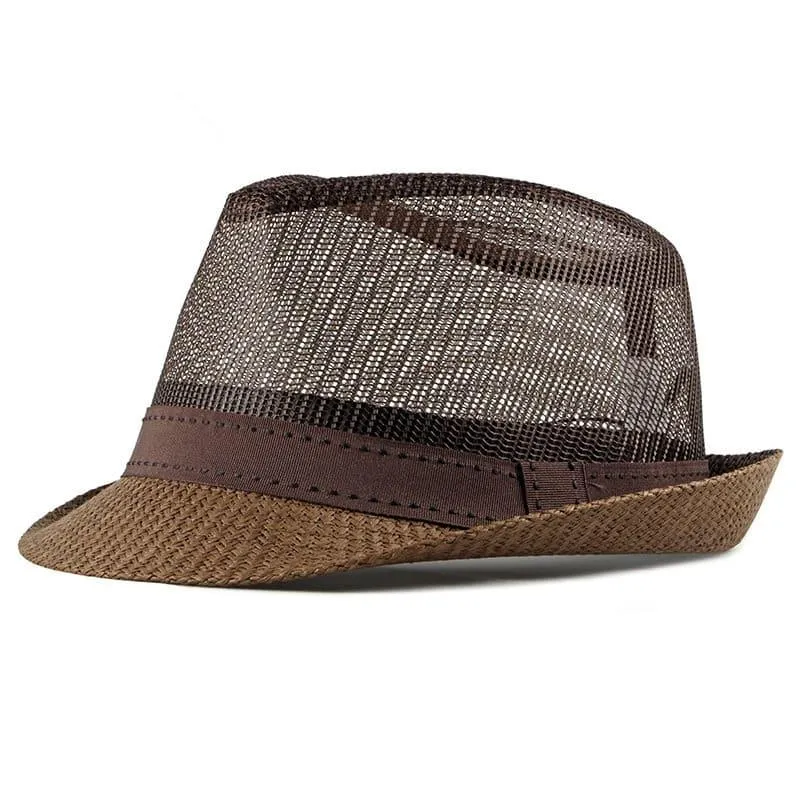Capri Summer Mesh Trilby Hat stylish boater hat with ribbon on model