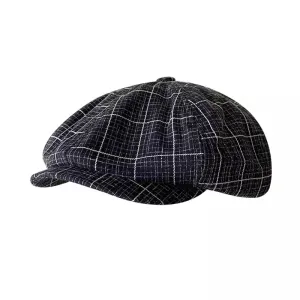 Cardigan Plaid Newsboy Cap boater hat with bow in beach sunlight