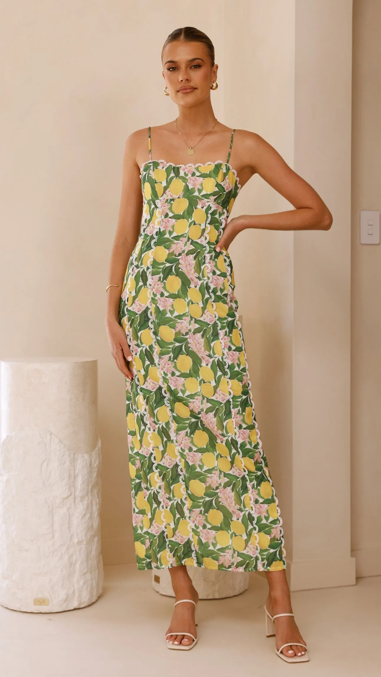 Carlia Midi Dress - Lemon Print,prom dresses,wedding guest dresses,homecoming dresses,bridesmaid dresses,cocktail dresses,women clothing,summer dresses,formal dresses,sundresses,mother of the bride dresses,quince clothing,bodycon dress,dress casual,dress d