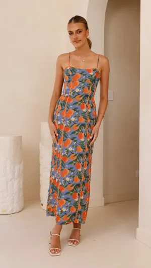 Carlia Midi Dress - Orange Print,prom dresses,wedding guest dresses,homecoming dresses,bridesmaid dresses,cocktail dresses,women clothing,summer dresses,formal dresses,sundresses,mother of the bride dresses,quince clothing,bodycon dress,dress casual,dress 