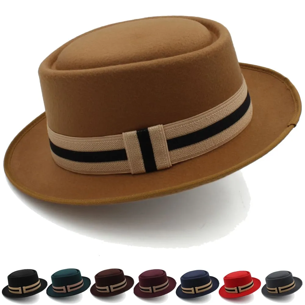 Carlyle Wool Porkpie Hat stylish boater hat with ribbon on model
