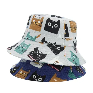 Cartoon Cat Faces Bucket Hat boater hat with bow in beach sunlight