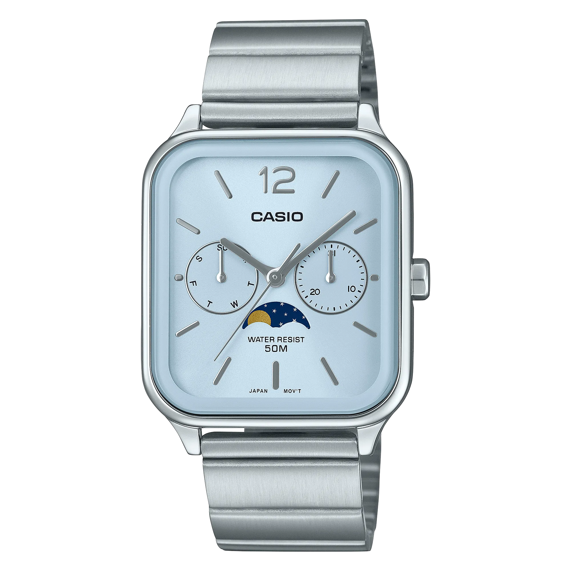 Casio Analogue Moon Phase Blue Dial Stainless Steel Watch MTPM305D-2A 