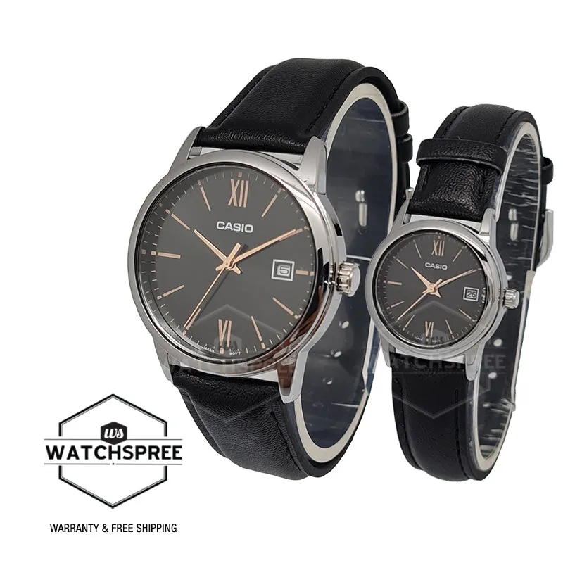 Casio Couple Black Leather Strap Watch LTPV002L-1B3 MTPV002L-1B3 [Couple Watch Set] 