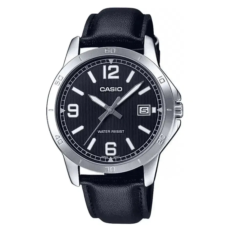 Casio MTP-V004L-1B Black Leather Watch for Men Affordable casual watches Sporty casual watches Affordable luxury casual watches