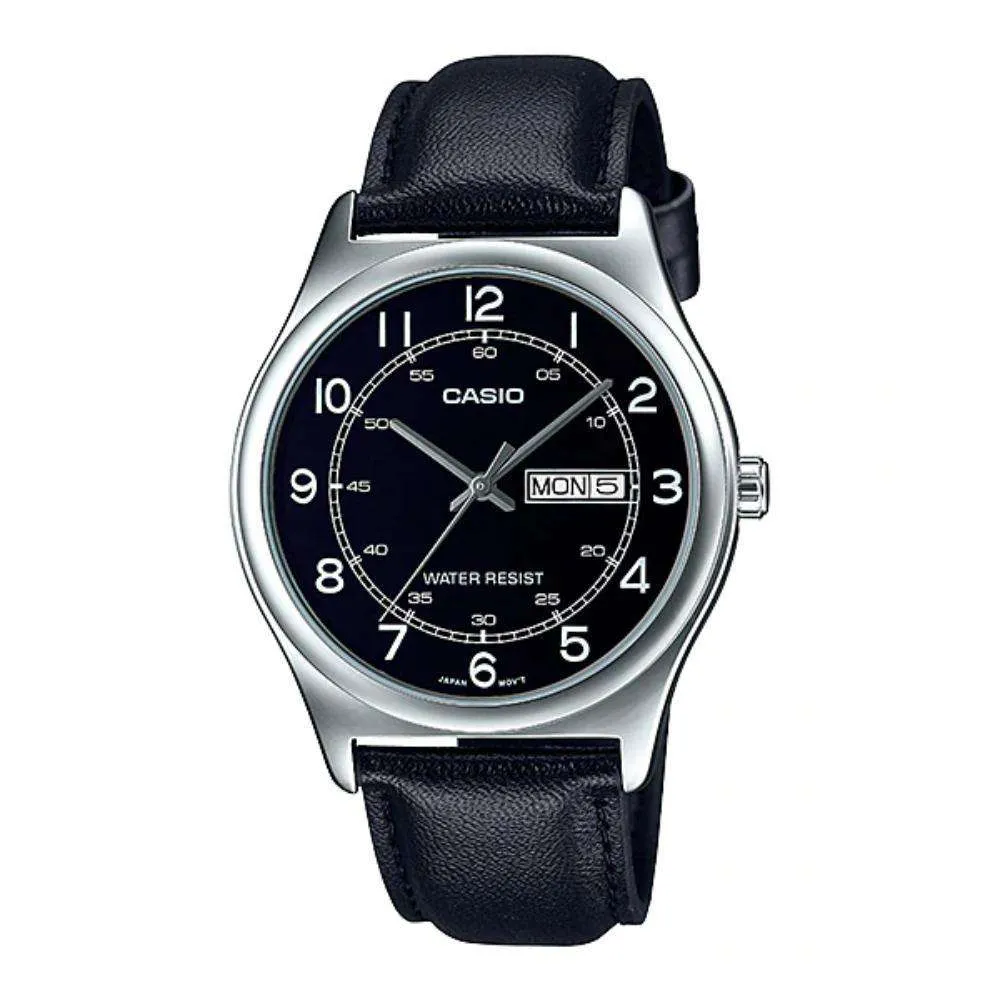 Casio MTP-V006L-1B2 Black Leather Watch for Men Affordable casual watches Sporty casual watches Affordable luxury casual watches