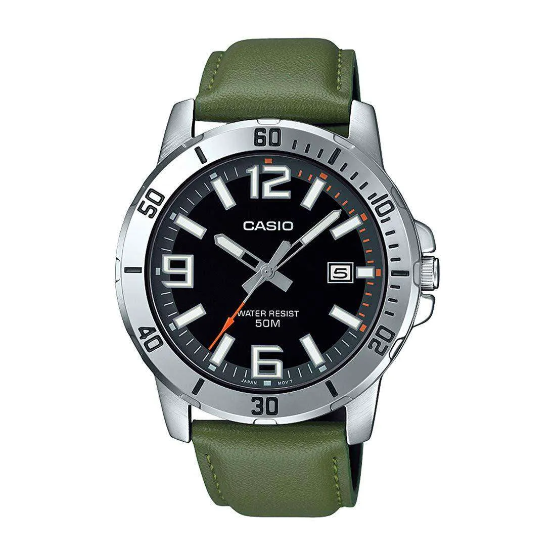 Casio MTP-VD01L-3BVUDF Army Green Leather Watch for Men Affordable casual watches Sporty casual watches Affordable luxury casual watches