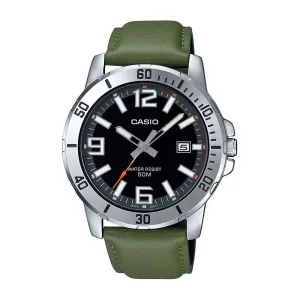 Casio MTP-VD01L-3BVUDF Army Green Leather Watch for Men Affordable casual watches Sporty casual watches Affordable luxury casual watches