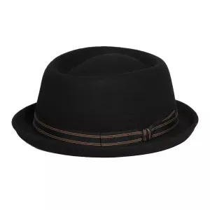 Cassady Black Wool Porkpie Hat boater hat with bow in beach sunlight