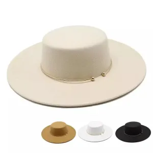 Castelnou Wide Brimmed Boater Hat stylish boater hat with ribbon on model