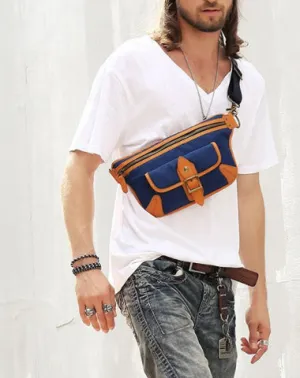 Casual Blue Nylon Leather Fanny Pack Men's Chest Bag Hip Bag Waist Bag For Men Blue