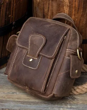 Casual Brown Leather Small Side Bags Waist Bag Belt Pouch Messenger Bag Courier Bag for Men Brown