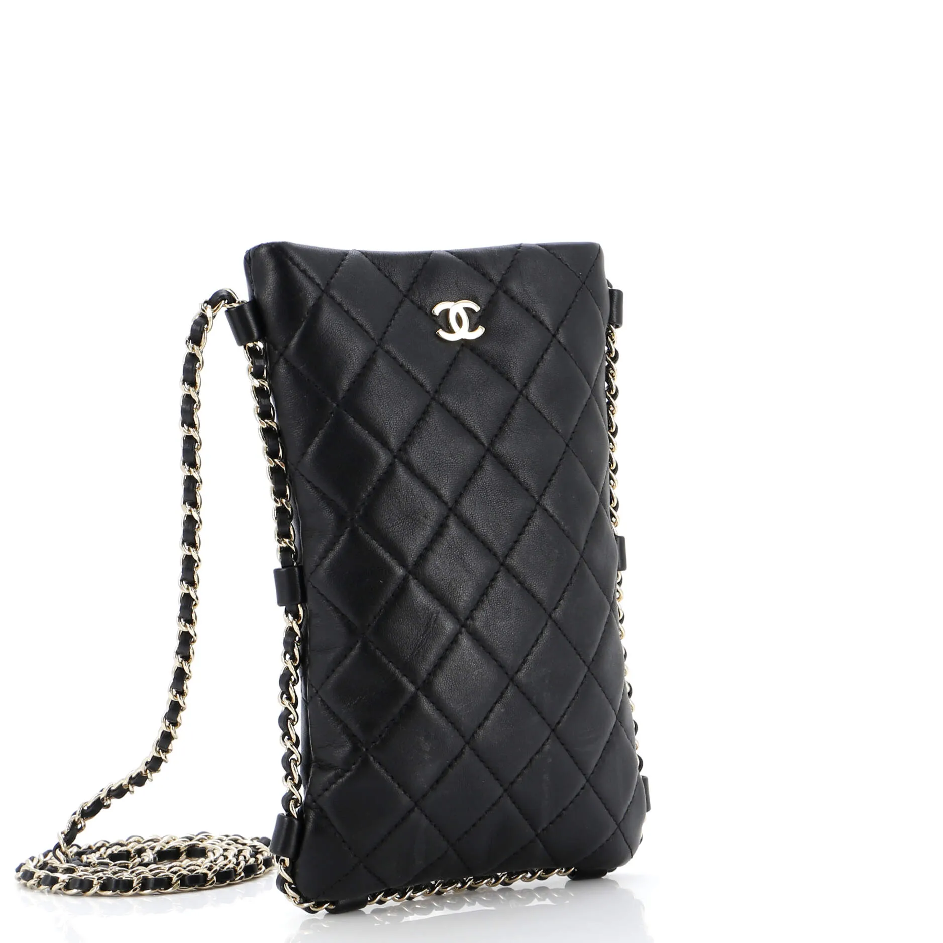Chain Around Flat Phone Holder Crossbody Quilted Lambskin