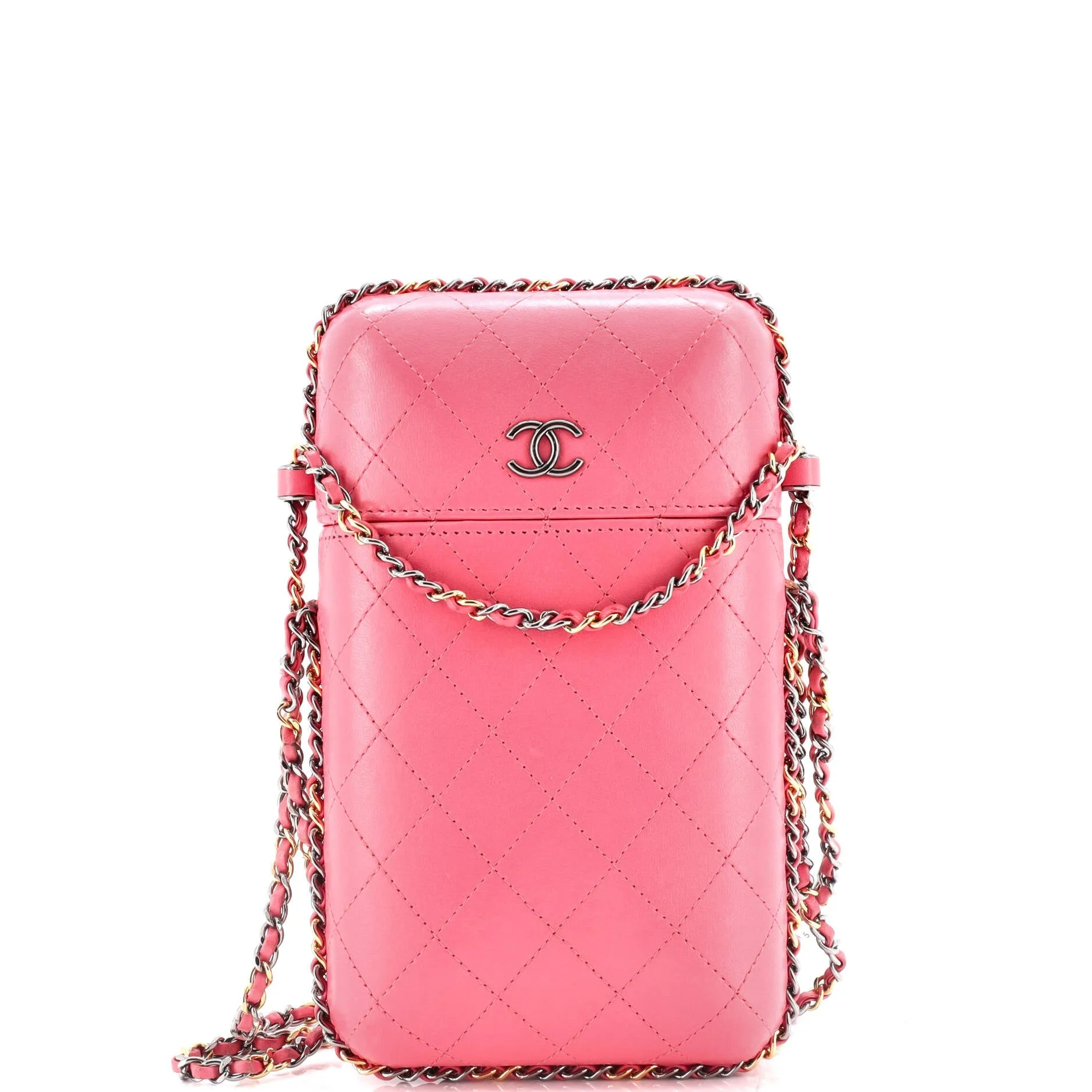 Chain Around Phone Holder Box Crossbody Quilted Lambskin