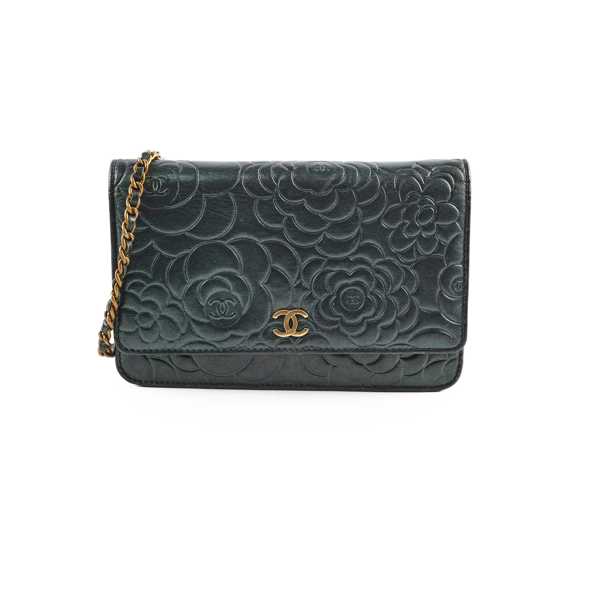 Chanel Camelia Embossed Wallet On Chain WOC Irrdescent Green Crossbody Bags Cheap Online